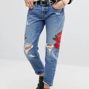 Levi's NEW 501 Rose Embroidered Straight Leg Distressed Ankle Jeans size 25